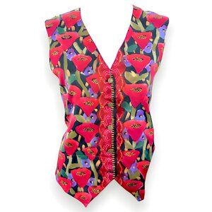 Wearable Art Red Green Purple Poppy Boho Artistic Chic Floral Cropped Vest M L